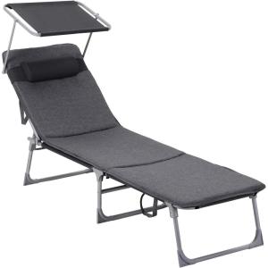 imageSONGMICS Sun Lounger Patio Chaise Lounge Chair Folding with Canopy 76 x 209 x 114 Inches Holds 330 lb Headrest Adjustable Backrest Outdoor Garden Pool Dark Gray UGCB19UV1Grey