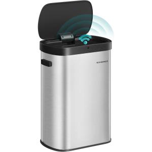 imageSONGMICS Trash Can 13Gallon Gabbage Can with 15 Trash Bags Stainless Steel with SoftClose Lid Removable Inner Bucket Handles Red Brown ULTB595MZ01Metallic Silver  Ink Black