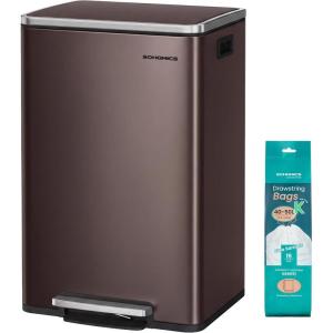 imageSONGMICS Trash Can 13Gallon Gabbage Can with 15 Trash Bags Stainless Steel with SoftClose Lid Removable Inner Bucket Handles Red Brown ULTB595MZ01Red Brown