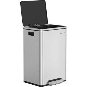 imageSONGMICS Trash Can 13Gallon Gabbage Can with 15 Trash Bags Stainless Steel with SoftClose Lid Removable Inner Bucket Handles Red Brown ULTB595MZ01Silver