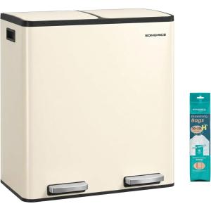 imageSONGMICS Trash Can 2 x 8 Gallon 2 x 30 L Double Compartment Garbage Can for Recycling Stainless Steel with 15 Liner Bags SoftClose Lids Removable Buckets Pedals White ULTB160WZ01Almond
