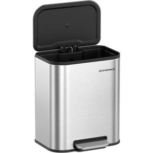 imageSONGMICS Trash Can 2 x 8 Gallon 2 x 30 L Double Compartment Garbage Can for Recycling Stainless Steel with 15 Liner Bags SoftClose Lids Removable Buckets Pedals White ULTB160WZ01Metallic Silver