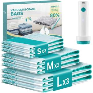 imageSONGMICS Vacuum Storage Bags Rechargeable Portable Electric Pump Space Saver Vacuum Seal Suction Bags for Clothing Travel Bedding Comforters Reusable 9 Pack 3M3L3J Transparent ULVB202W1013S3M3LUSB Pump