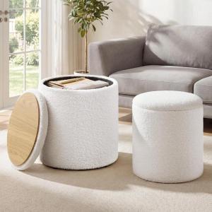 imageSONGMICS Vanity Stool Set of 2 Round Storage Ottoman Small Ottoman Coffee Table Foot Stool Removable Lid for Living Room Bedroom Hallway Easy Assembly Teddy Fleece Cream White ULOM013WD01Teddy White