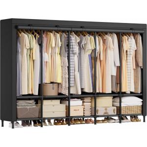 imageSONGMICS Wardrobe Closet 835 Inch Large Capacity Portable Closet Clothing Rack 25 mm DiaThick Steel Tubes Clothes Organizer with Fabric Cover 5 Hanging Rails 10 Shelves Ink Black URDR095B01Ink Black