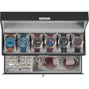 imageSONGMICS Watch Box 20Slot Watch Case Organizer with Large Glass Lid Removable Pillows Metal Lock Gift for Loved Ones Black Synthetic Leather Grey Lining UJWB036B101Black  Gray