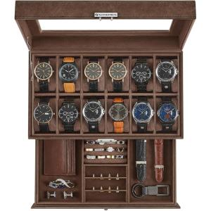 imageSONGMICS Watch Box 20Slot Watch Case Organizer with Large Glass Lid Removable Pillows Metal Lock Gift for Loved Ones Black Synthetic Leather Grey Lining UJWB036B101Brown  Brown