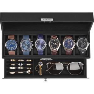 imageSONGMICS Watch Box 20Slot Watch Case Organizer with Large Glass Lid Removable Pillows Metal Lock Gift for Loved Ones Black Synthetic Leather Grey Lining UJWB036B101Black  Black