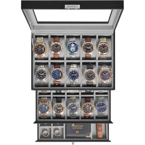 imageSONGMICS Watch Box 20Slot Watch Case Organizer with Large Glass Lid Removable Pillows Metal Lock Gift for Loved Ones Black Synthetic Leather Grey Lining UJWB036B101Black  Grey