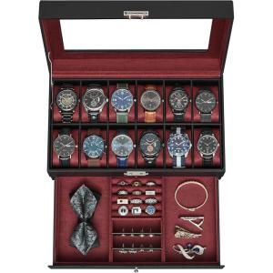 imageSONGMICS Watch Box 20Slot Watch Case Organizer with Large Glass Lid Removable Pillows Metal Lock Gift for Loved Ones Black Synthetic Leather Grey Lining UJWB036B101Black  Wine Red