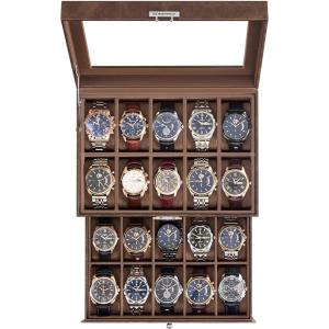 imageSONGMICS Watch Box 20Slot Watch Case Organizer with Large Glass Lid Removable Pillows Metal Lock Gift for Loved Ones Black Synthetic Leather Grey Lining UJWB036B101Coffee Brown  Coffee Brown