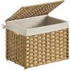 imageSONGMICS Storage Basket with Lid Woven Blanket Storage Bin with Handles Foldable Removable Liner Metal Frame for Bedroom Laundry Room 92 Gallons 35 L Natural URST040YE01Natural