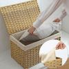 imageSONGMICS Storage Basket with Lid Woven Blanket Storage Bin with Handles Foldable Removable Liner Metal Frame for Bedroom Laundry Room 92 Gallons 35 L Natural URST040YE01Natural