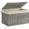 imageSONGMICS Storage Basket with Lid Woven Blanket Storage Bin with Handles Foldable Removable Liner Metal Frame for Bedroom Laundry Room 92 Gallons 35 L Natural URST040YE01Gray