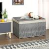 imageSONGMICS Storage Basket with Lid Woven Blanket Storage Bin with Handles Foldable Removable Liner Metal Frame for Bedroom Laundry Room 92 Gallons 35 L Natural URST040YE01Gray