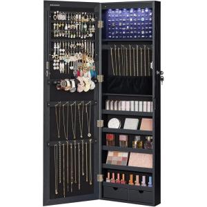 imageSONGMICS 6 LEDs Mirror Jewelry Cabinet 472Inch Tall Lockable Wall or Door Mounted Jewelry Armoire Organizer with Mirror 2 Drawers 39 x 146 x 472 Inches Jelly Pink UJJC093SA02SBlack