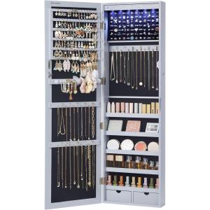 imageSONGMICS 6 LEDs Mirror Jewelry Cabinet 472Inch Tall Lockable Wall or Door Mounted Jewelry Armoire Organizer with Mirror 2 Drawers 39 x 146 x 472 Inches Jelly Pink UJJC093SA02SGray