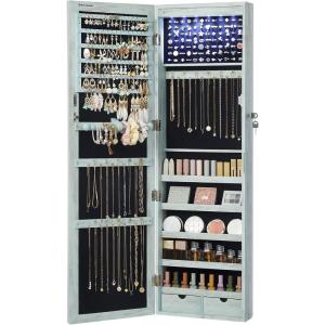 imageSONGMICS 6 LEDs Mirror Jewelry Cabinet 472Inch Tall Lockable Wall or Door Mounted Jewelry Armoire Organizer with Mirror 2 Drawers 39 x 146 x 472 Inches Jelly Pink UJJC093SA02SRustic Green