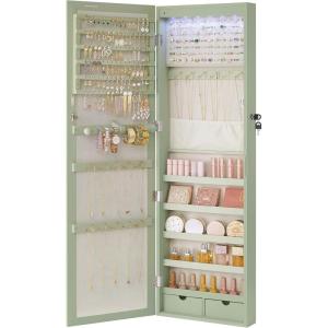 imageSONGMICS 6 LEDs Mirror Jewelry Cabinet 472Inch Tall Lockable Wall or Door Mounted Jewelry Armoire Organizer with Mirror 2 Drawers 39 x 146 x 472 Inches Jelly Pink UJJC093SA02SLaurel Green