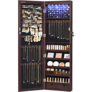imageSONGMICS 6 LEDs Mirror Jewelry Cabinet 472Inch Tall Lockable Wall or Door Mounted Jewelry Armoire Organizer with Mirror 2 Drawers 39 x 146 x 472 Inches Jelly Pink UJJC093SA02SBrown