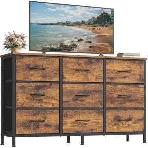 imageSONGMICS BELLAH Collection  Dresser for Bedroom TV Stand for TVs Up to 55 Inches Chest of Drawers for Living Room Closet Steel 9 Drawers Industrial Rustic Brown and Ink Black ULGS033KD02SRustic Brown  Ink Black