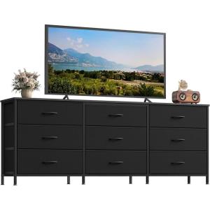 imageSONGMICS BELLAH Collection  Dresser for Bedroom TV Stand for TVs Up to 55 Inches Chest of Drawers for Living Room Closet Steel 9 Drawers Industrial Rustic Brown and Ink Black ULGS033KD02SInk Black