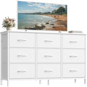 imageSONGMICS BELLAH Collection  Dresser for Bedroom TV Stand for TVs Up to 55 Inches Chest of Drawers for Living Room Closet Steel 9 Drawers Industrial Rustic Brown and Ink Black ULGS033KD02SCloud White