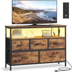 imageSONGMICS BELLAH Collection  Dresser for Bedroom with AppControlled LED Lights and Charging Station Chest of Drawers TV Stand 7 Drawers Shelf Modern Cloud White ULGS733WH05SRustic Brown  Ink Black