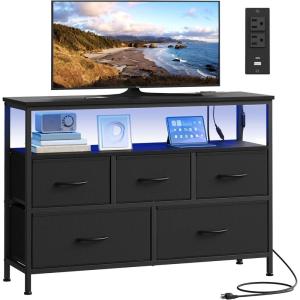 imageSONGMICS BELLAH Collection  Dresser for Bedroom with AppControlled LED Lights and Charging Station Chest of Drawers TV Stand 7 Drawers Shelf Modern Cloud White ULGS733WH05SInk Black