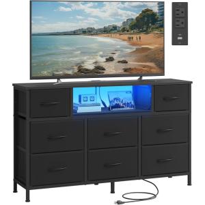 imageSONGMICS BELLAH Collection  Dresser for Bedroom with Outlets and LED Lights TV Stand for TVs Up to 55 Inches Chest of Drawers 8 Drawers Steel Industrial Modern Ink Black ULGS433BH02SInk Black