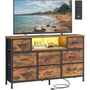 imageSONGMICS BELLAH Collection  Dresser for Bedroom with Outlets and LED Lights TV Stand for TVs Up to 55 Inches Chest of Drawers 8 Drawers Steel Industrial Modern Ink Black ULGS433BH02SRustic Brown  Ink Black