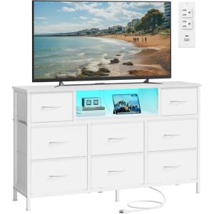 imageSONGMICS BELLAH Collection  Dresser for Bedroom with Outlets and LED Lights TV Stand for TVs Up to 55 Inches Chest of Drawers 8 Drawers Steel Industrial Modern Ink Black ULGS433BH02SCloud White