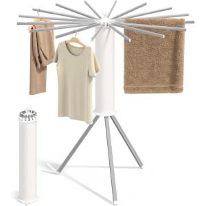 imageSONGMICS Clothes Drying Rack Foldable Rotary Tripod Laundry Drying Rack Rotatable Portable Floor Standing Clothes Airer Laundry Room Balcony 16 PullOut Wood Arms Natural Color ULLR530YW0116 Poles