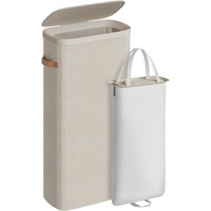 imageSONGMICS Laundry Basket 172 Gal Laundry Hamper Easy Assembly with Lid and Handles Removable Liner 154 x 87 x 295 Inches Cappuccino Beige ULCB810LH01Cappuccino Beige