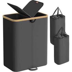 imageSONGMICS Laundry Hamper Laundry Sorter with Lid Storage Basket Bin Removable Liners Bamboo Frame for Bedroom 4 Sections 594 Gallon 225 L Ink Black ULCB534BH01Ink Black