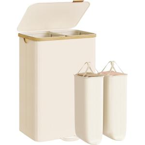imageSONGMICS Laundry Hamper Laundry Sorter with Lid Storage Basket Bin Removable Liners Bamboo Frame for Bedroom 4 Sections 594 Gallon 225 L Ink Black ULCB534BH01Cream White