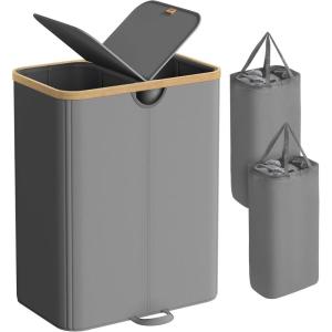 imageSONGMICS Laundry Hamper Laundry Sorter with Lid Storage Basket Bin Removable Liners Bamboo Frame for Bedroom 4 Sections 594 Gallon 225 L Ink Black ULCB534BH01Slate Gray