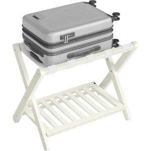 imageSONGMICS Solid Wood Luggage Racks Set of 2 No Assembly Required Foldable Suitcase Stand Luggage Holder with Storage Shelf for Guest Room Hotel Bedroom Coffee Brown URLR021K01Cream White