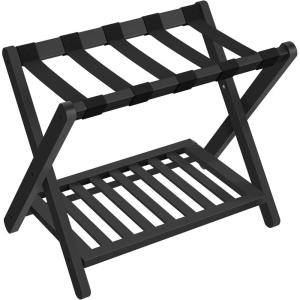 imageSONGMICS Solid Wood Luggage Racks Set of 2 No Assembly Required Foldable Suitcase Stand Luggage Holder with Storage Shelf for Guest Room Hotel Bedroom Coffee Brown URLR021K01Ink Black