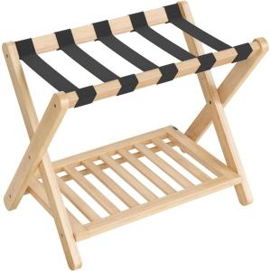 imageSONGMICS Solid Wood Luggage Racks Set of 2 No Assembly Required Foldable Suitcase Stand Luggage Holder with Storage Shelf for Guest Room Hotel Bedroom Coffee Brown URLR021K01Nature Beige
