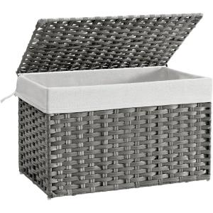 imageSONGMICS Storage Basket with Lid Woven Blanket Storage Bin with Handles Foldable Removable Liner Metal Frame for Bedroom Laundry Room 92 Gallons 35 L Natural URST040YE01Gray