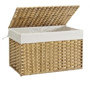 imageSONGMICS Storage Basket with Lid Woven Blanket Storage Bin with Handles Foldable Removable Liner Metal Frame for Bedroom Laundry Room 92 Gallons 35 L Natural URST040YE01Natural