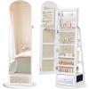 imageSONGMICS 360 Swivel Jewelry Cabinet FullLength Arched Mirror with LED Lights Magnifying Mirror Storage Shelves Drawer Ink Black UJJC030BC01Cloud White
