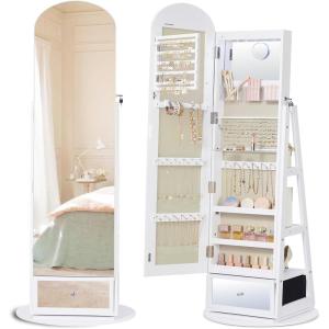 imageSONGMICS 360 Swivel Jewelry Cabinet FullLength Arched Mirror with LED Lights Magnifying Mirror Storage Shelves Drawer Ink Black UJJC030BC01Cloud White