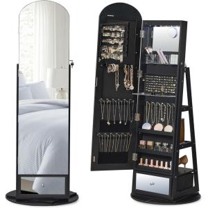 imageSONGMICS 360 Swivel Jewelry Cabinet FullLength Arched Mirror with LED Lights Magnifying Mirror Storage Shelves Drawer Ink Black UJJC030BC01Ink Black