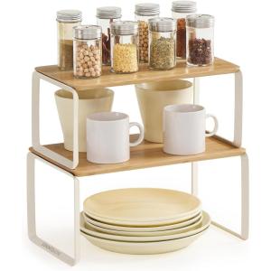 imageSONGMICS HOME Cabinet Organizer Shelf Set of 2 Kitchen Counter Shelves Kitchen Storage Spice Rack Stackable Expandable Metal and Bamboo Light Bamboo UKCS050N01Light Bamboo