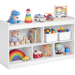 imageSONGMICS Kids Toy Storage Shelf Montessori Shelf for Toys with 5 Open Compartments Storage Unit for Childrens Room Playroom Living Room 118 x 442 x 256 Inches Beech Beige UGKR052YZ01Cloud White