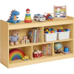 imageSONGMICS Kids Toy Storage Shelf Montessori Shelf for Toys with 5 Open Compartments Storage Unit for Childrens Room Playroom Living Room 118 x 442 x 256 Inches Beech Beige UGKR052YZ01Beech Beige