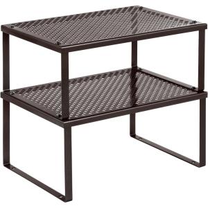 imageSONGMICS Spice Racks Set of 2 Metal Cabinet Shelf Organizers Countertop Organizers Shelf Risers Stackable Expandable White UKCS003W01Brown