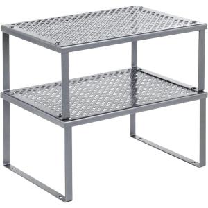 imageSONGMICS Spice Racks Set of 2 Metal Cabinet Shelf Organizers Countertop Organizers Shelf Risers Stackable Expandable White UKCS003W01Silver